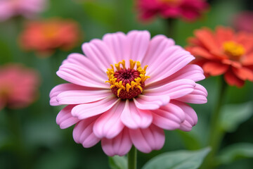 pastel colored zinnias fill fall garden delicate pink