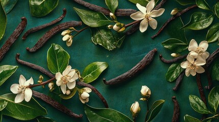Flat lay of vanilla beans and blossoms on teal background.