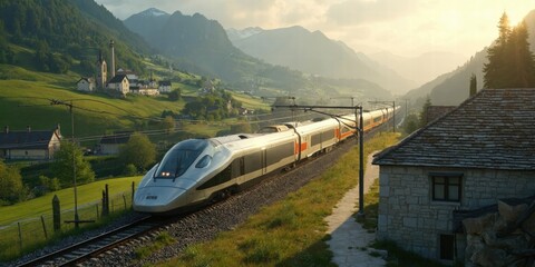 Scenic European Trains: Modern Railways Gliding Through Picturesque Countryside, Rolling Hills, Charming Villages, Historic Landmarks, Mountains, and Rivers in a Serene and Timeless Landscape