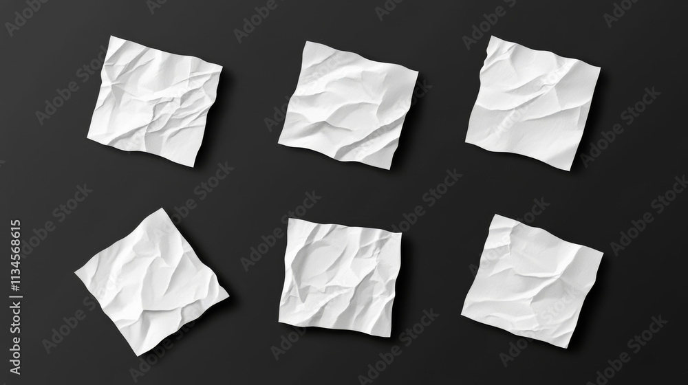 Aufkleber white glued stickers, crumpled paper patches mockup. blank shrunken labels of square shapes with rou