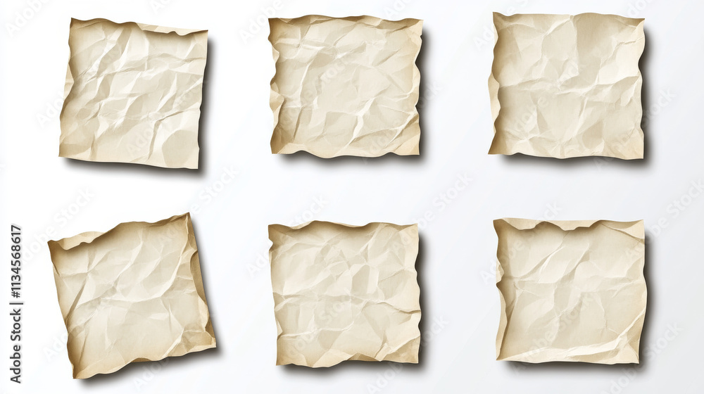 Aufkleber white glued stickers, crumpled paper patches mockup. blank shrunken labels of square shapes with rou