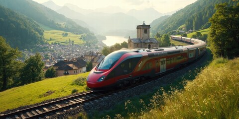 Scenic European Trains: Modern Railways Gliding Through Picturesque Countryside, Rolling Hills, Charming Villages, Historic Landmarks, Mountains, and Rivers in a Serene and Timeless Landscape