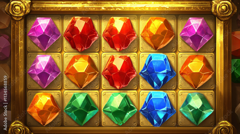 Poster match 3 magic gem game with gold frame setting vector set. app jewel button ui cartoon illustration.