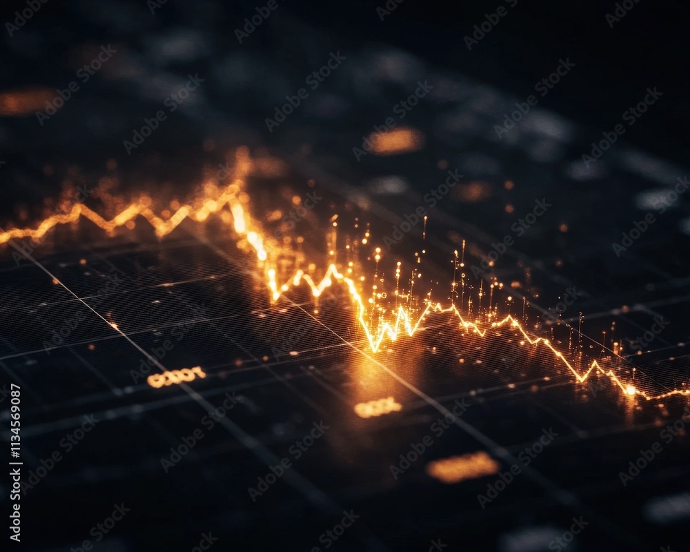 Poster a digital graph showing a downward trend with glowing elements, representing data analysis or financ