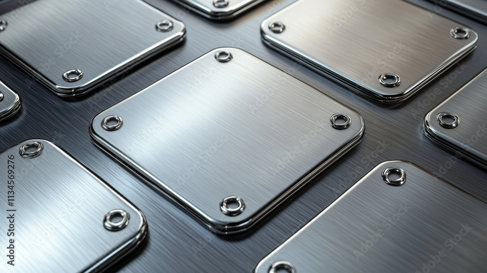 Poster steel metal tag plate of rectangular, square and round shape with rivets. realistic vector set of bl