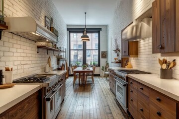 Modern and Stylish Kitchen Interior Design with White Brick Walls, Wooden Accents, and Ample Natural Light Perfect for Culinary Enthusiasts and Home Cooking