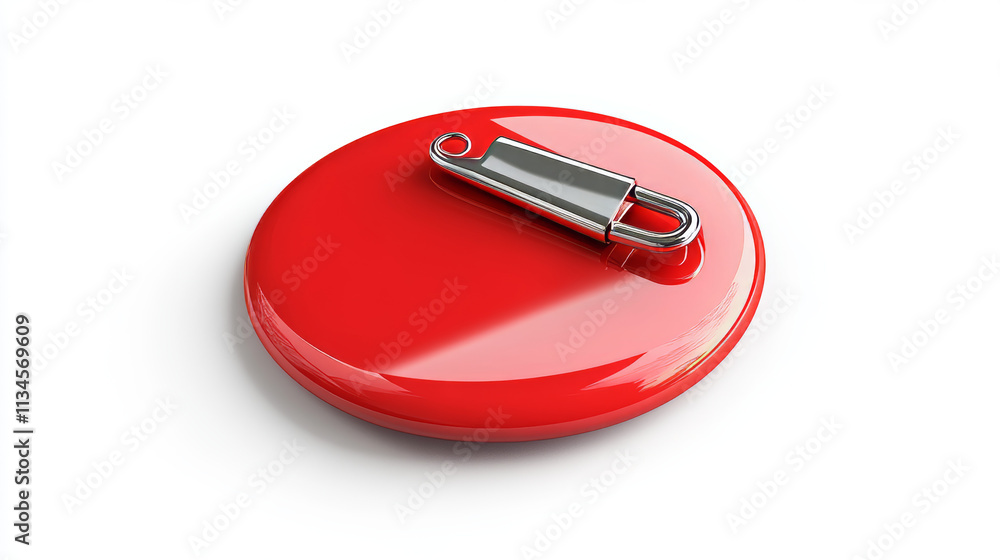 Poster mockup of red round blank pin badge displaying back view with metallic clasp and smooth surface read