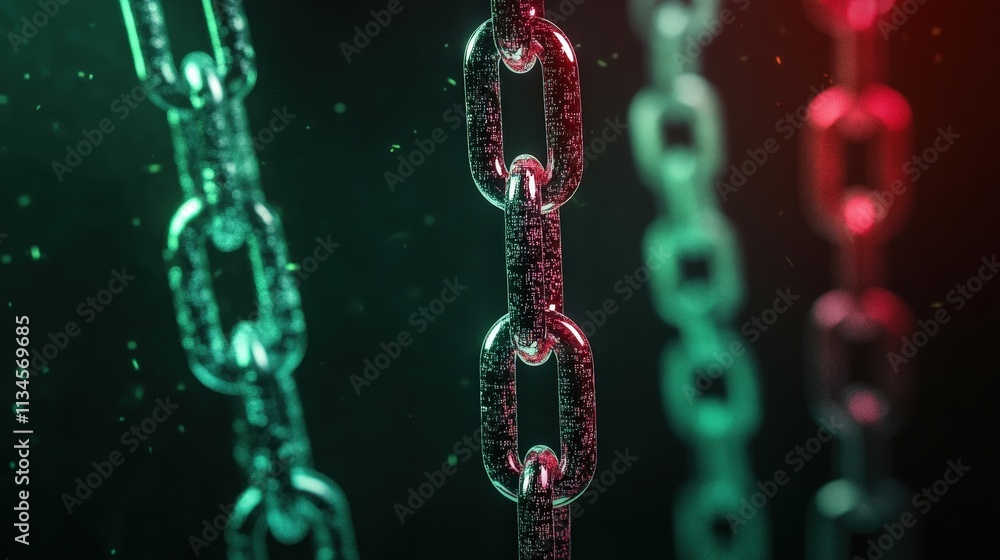 Poster a close-up view of colorful chains illuminated by lighting effects, showcasing their texture and int