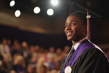 Student receiving academic medal at ceremony, stage lighting with audience bokeh, emotional moment capture, with copy space