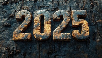 3D text "2025" in bold block letters with a cracked stone texture, set against a dark volcanic background