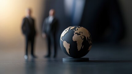 A miniature globe sits in focus, with two blurred figures in suits standing behind, symbolizing global business and partnership.