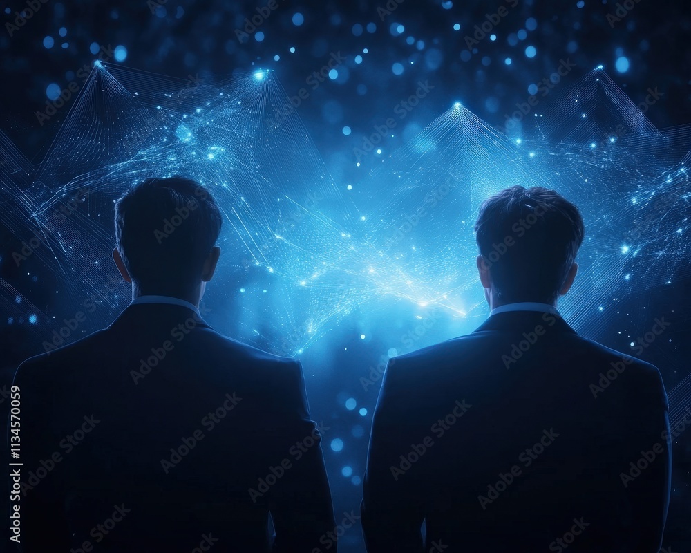 Aufkleber two figures in suits stand before a mesmerizing digital light display, symbolizing exploration and i