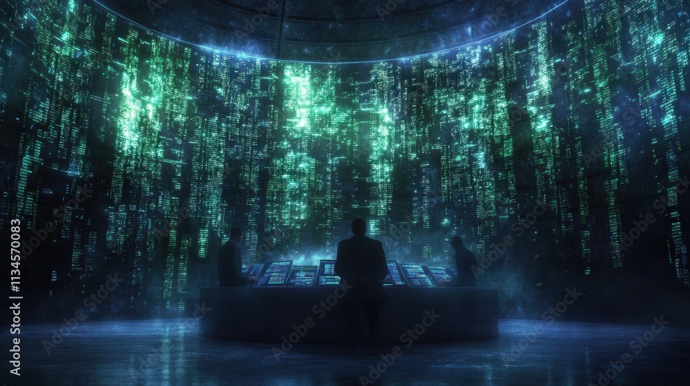 Aufkleber a futuristic scene featuring two silhouettes in front of a glowing, digital interface surrounded by 