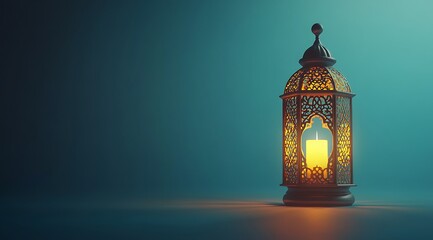 3D lantern with candle, Ramadan Islamic concept background, space for text, isolated on a blue color background, Eid Mubarak and Ramadan Kareem greetings with an Islamic lantern behind the Arabic lamp