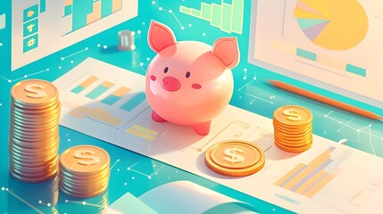 Detailed Vintage Style 3D of Economist Evaluating Investment Strategies with Analytical Charts and Graphs