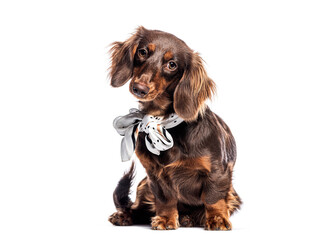 Longhaired dachshund wearing a scarf sitting and posing on white background