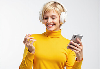 Smiling Woman in Yellow Sweater Listening to Music Using Headphones and Smartphone