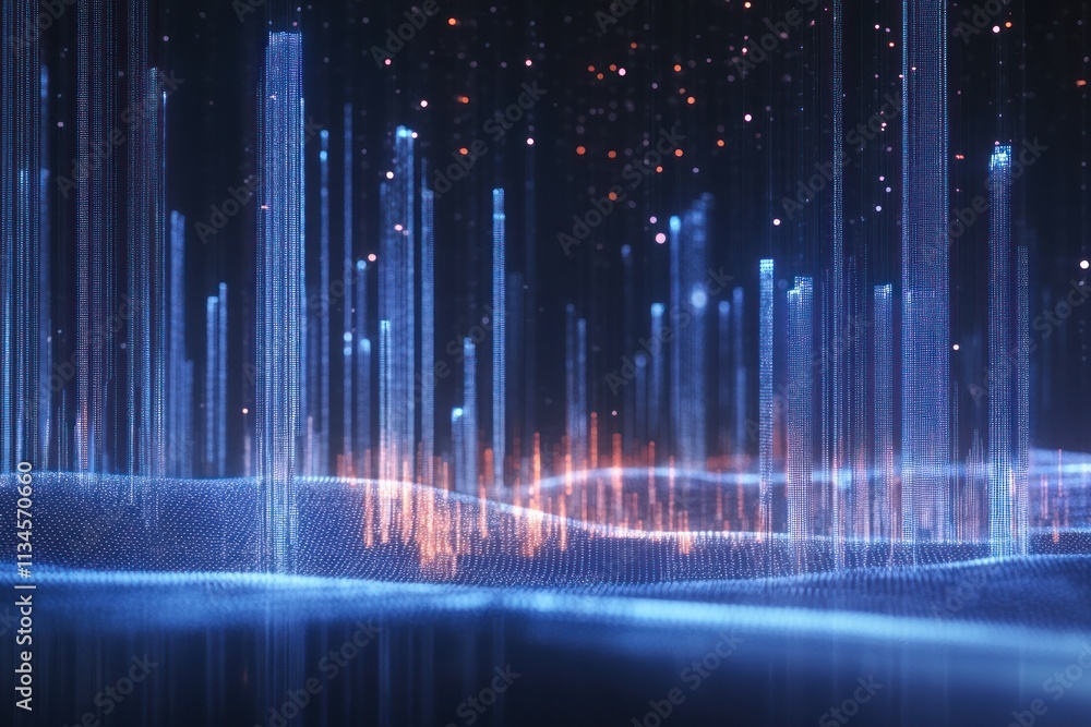 Aufkleber abstract digital landscape with glowing vertical lines and sparkling particles, representing data vi