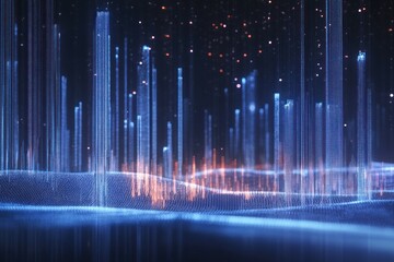 Abstract Digital Landscape with Glowing Vertical Lines and Sparkling Particles, Representing Data Visualization and Futuristic Technology Environment