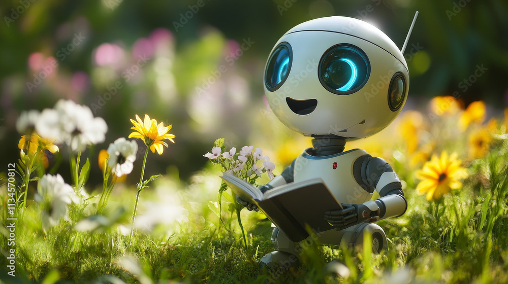 Poster cute robot cartoon character set - standing with smiling face, waving hand, reading and holding cham