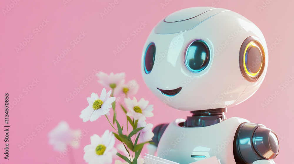 Poster cute robot cartoon character set - standing with smiling face, waving hand, reading and holding cham