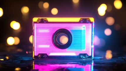 A glowing neon cassette tape in bright pink, electric blue, and vivid yellow, casting a neon glow against a dark.