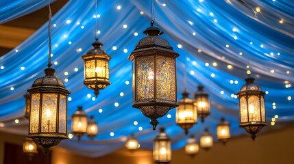 Obraz premium Illuminated lanterns hanging from a blue fabric ceiling with fairy lights.
