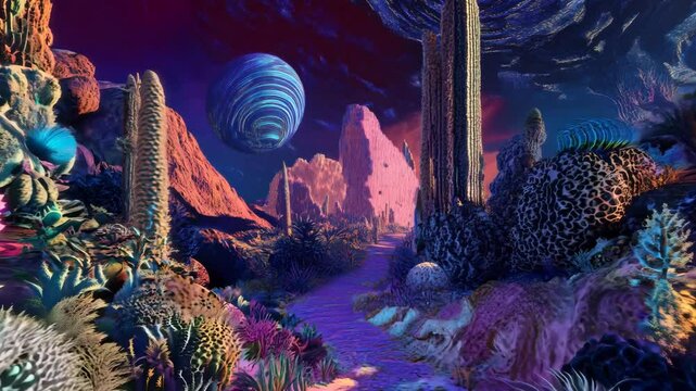 Psychedelic desert scene with bizarre flora, colorful shadows, complex layering, bold colors and surreal forms, engaging collage art, abstract geometric shapes, oil pastels, dreamlike atmosphere,