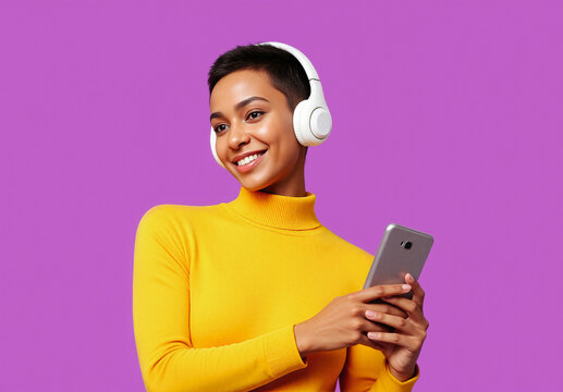 Woman Enjoying Music With Headphones and Smartphone Against Purple Background