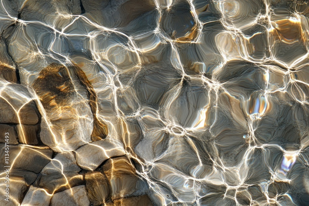 Poster captivating reflection patterns on crystal clear water surface with stone underneath, creating a tra