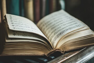 Vintage Open Book with Sheet Music Pages Resting on a Piano, Surrounded by Beautifully Aged Books in a Cozy Library Setting