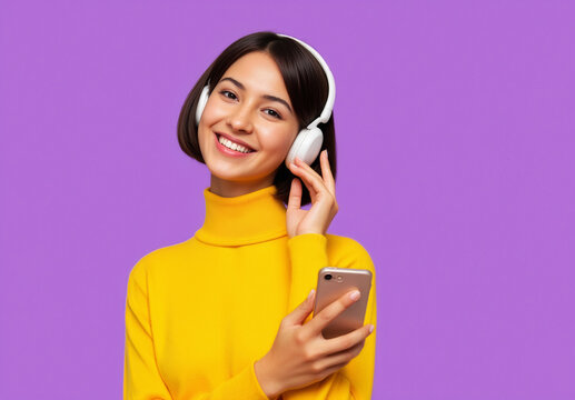 Woman Enjoying Music With Headphones and Smartphone Against Purple Background