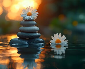 Obraz premium Pebble stacks in sunset waters reflecting a Japanese Zen concept
