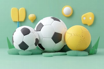 Playful 3D Render of Soccer and Baseball Balls in Grass