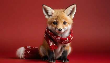 Obraz premium Adorable Baby Fox Wearing a Festive Red Scarf Against a Red Background