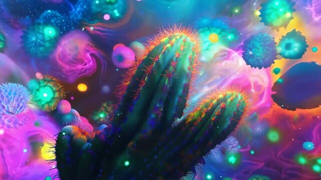 Radiant eldritch cactus form with complex textures, floating in a colorful, swirling ether, glowing highlights, surrounded by stars and celestial shapes, surreal ambiance