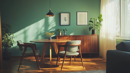 Mint color chairs at round wooden dining table in room with sofa and cabinet near green wall. Scandinavian, mid-century home interior design of modern living room
