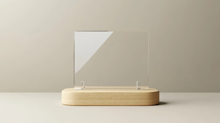 Menu and card stand mockup with wooden base and acrylic display. Rectangular transparent plexiglass table holder. Realistic vector illustration set of plastic desktop office talker template.