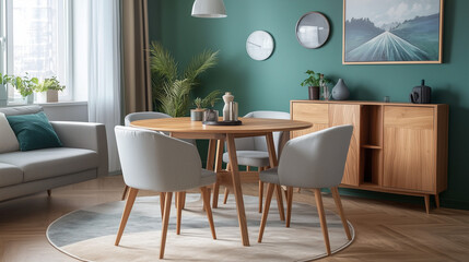 Mint color chairs at round wooden dining table in room with sofa and cabinet near green wall. Scandinavian, mid-century home interior design of modern living room