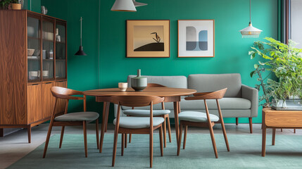 Fototapeta premium Mint color chairs at round wooden dining table in room with sofa and cabinet near green wall. Scandinavian, mid-century home interior design of modern living room