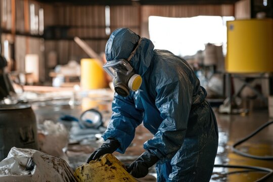 Worker in Protective Gear Handling Hazardous Material