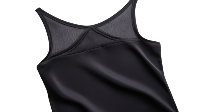 A sleek black camisole with mesh detailing displayed against a transparent background for design purposes.