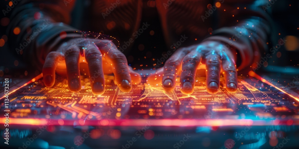Poster hands interacting with a glowing futuristic touch interface, displaying vibrant holographic data and