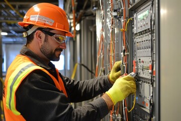 Skilled technician in safety gear working on electrical control panel, inspecting wires and connections in industrial environment with focus on safety and efficiency