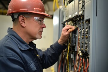 Skilled technician working on electrical circuits in industrial control panel, ensuring proper wiring and functionality for optimal machinery operation and safety.