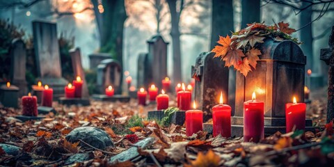 Spooky graveyard scene with red candles near graves surrounded by twigs and dried leaves, haunting, graveyard, scene