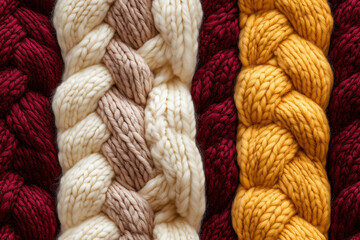 The texture of the hand-knitted fabric made of woolen threads, a variety of patterns. Close-up of multicolored knitting