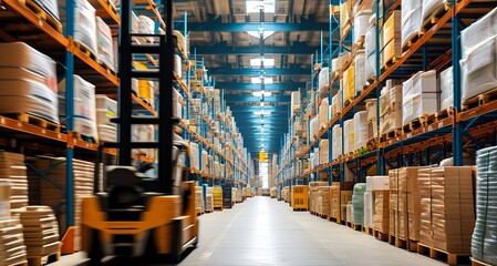 A bustling warehouse filled with goods, pallets, and forklifts, capturing logistics in action. Created with generative AI technology