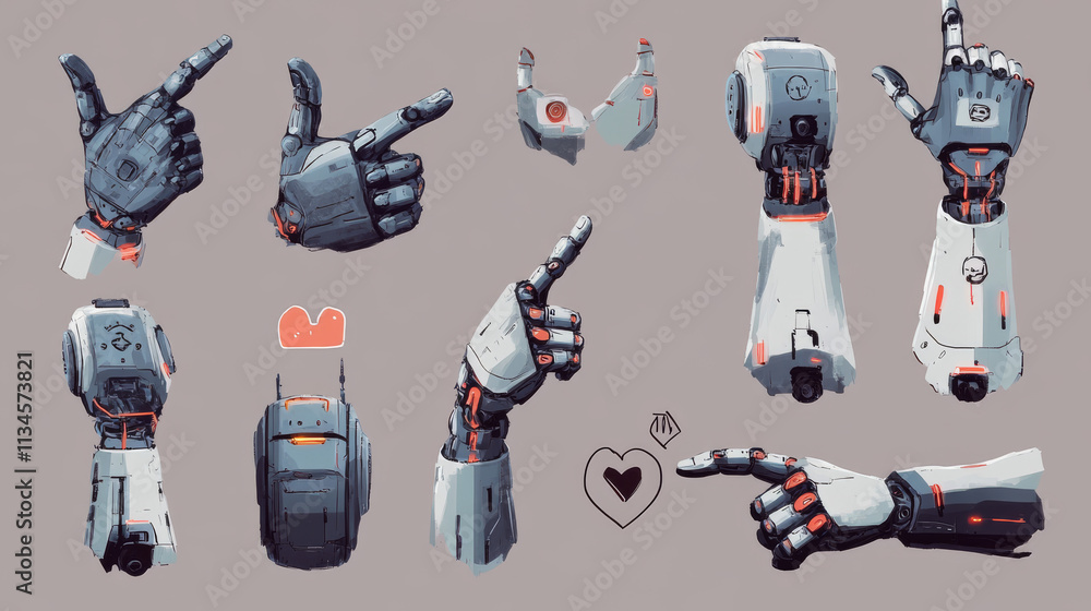 Poster stylized robotic hands with different gestures. various poses and positions - doing thumbs up and he