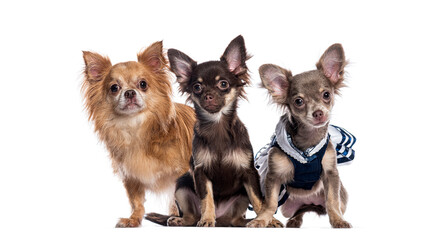 Three chihuahua dogs posing together on white background
